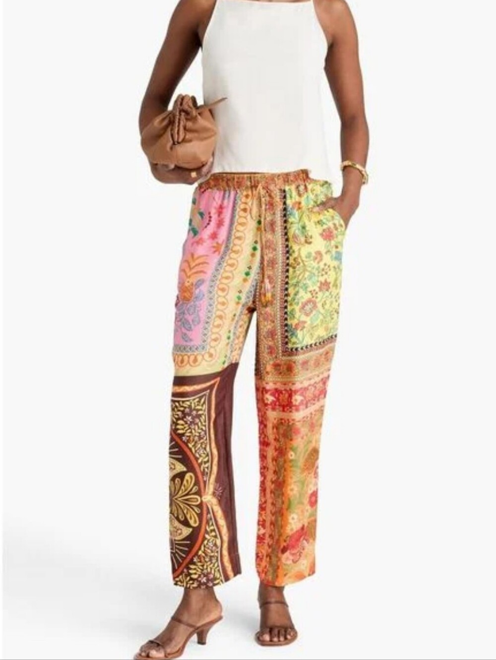 Farm Rio Women's Orange Cropped Floral-Print Crepe De Chine Tapered Pants